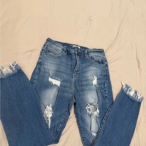 Cello Women's Straight Leg Distressed Blue Jeans